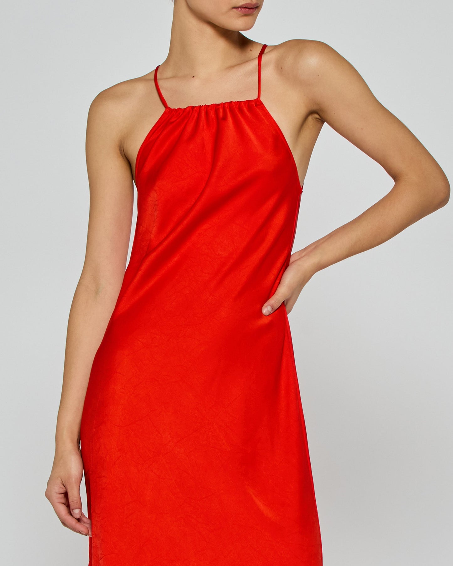 Gathered Neck Bias Dress - Bright Red