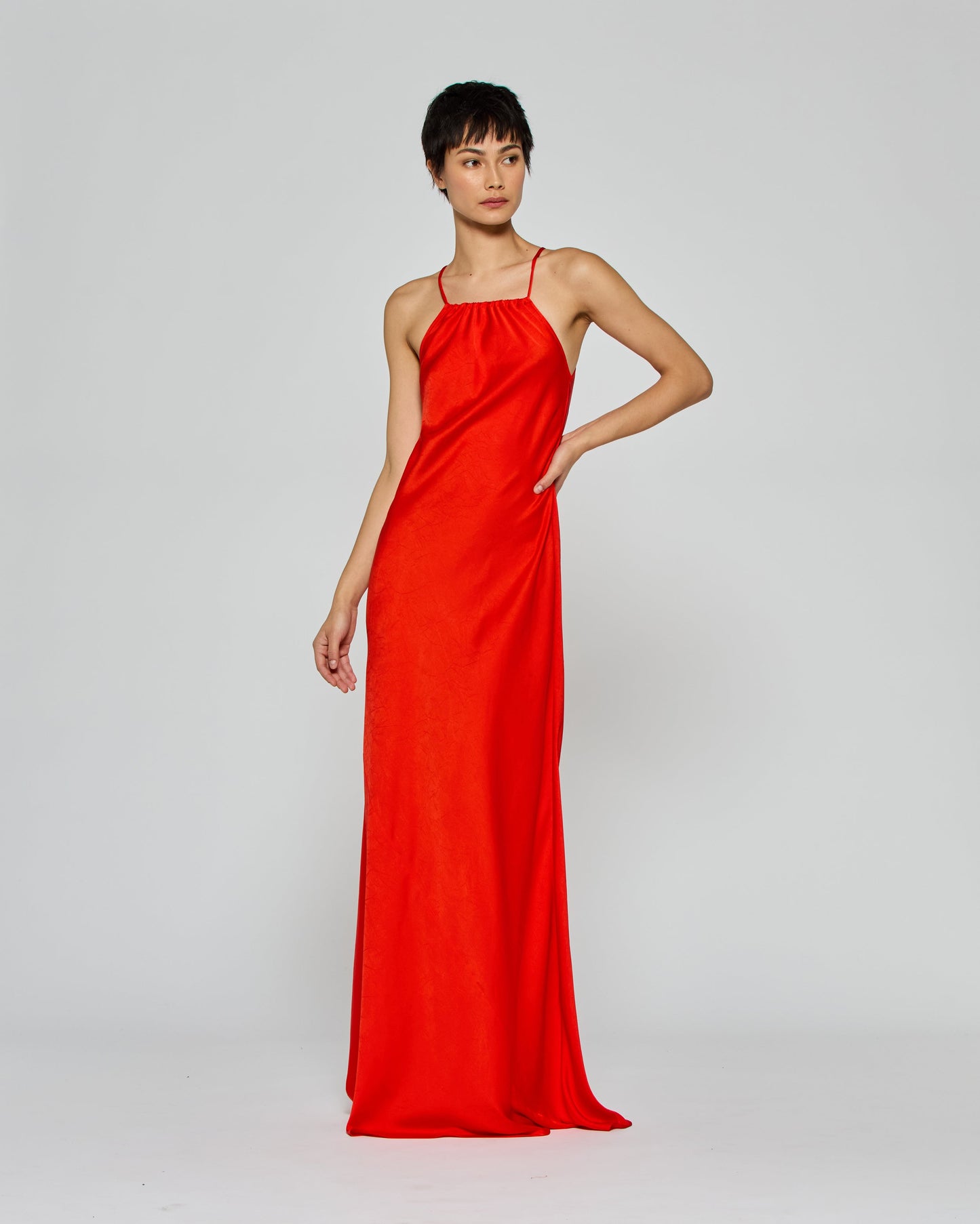 Gathered Neck Bias Dress - Bright Red