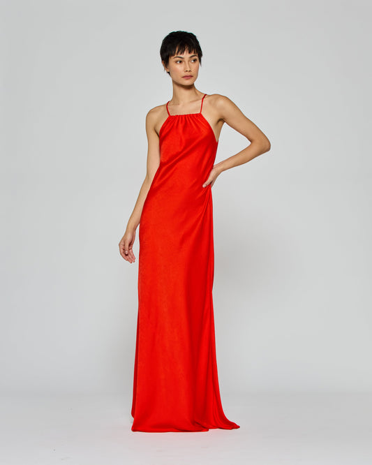 Gathered Neck Bias Dress - Bright Red