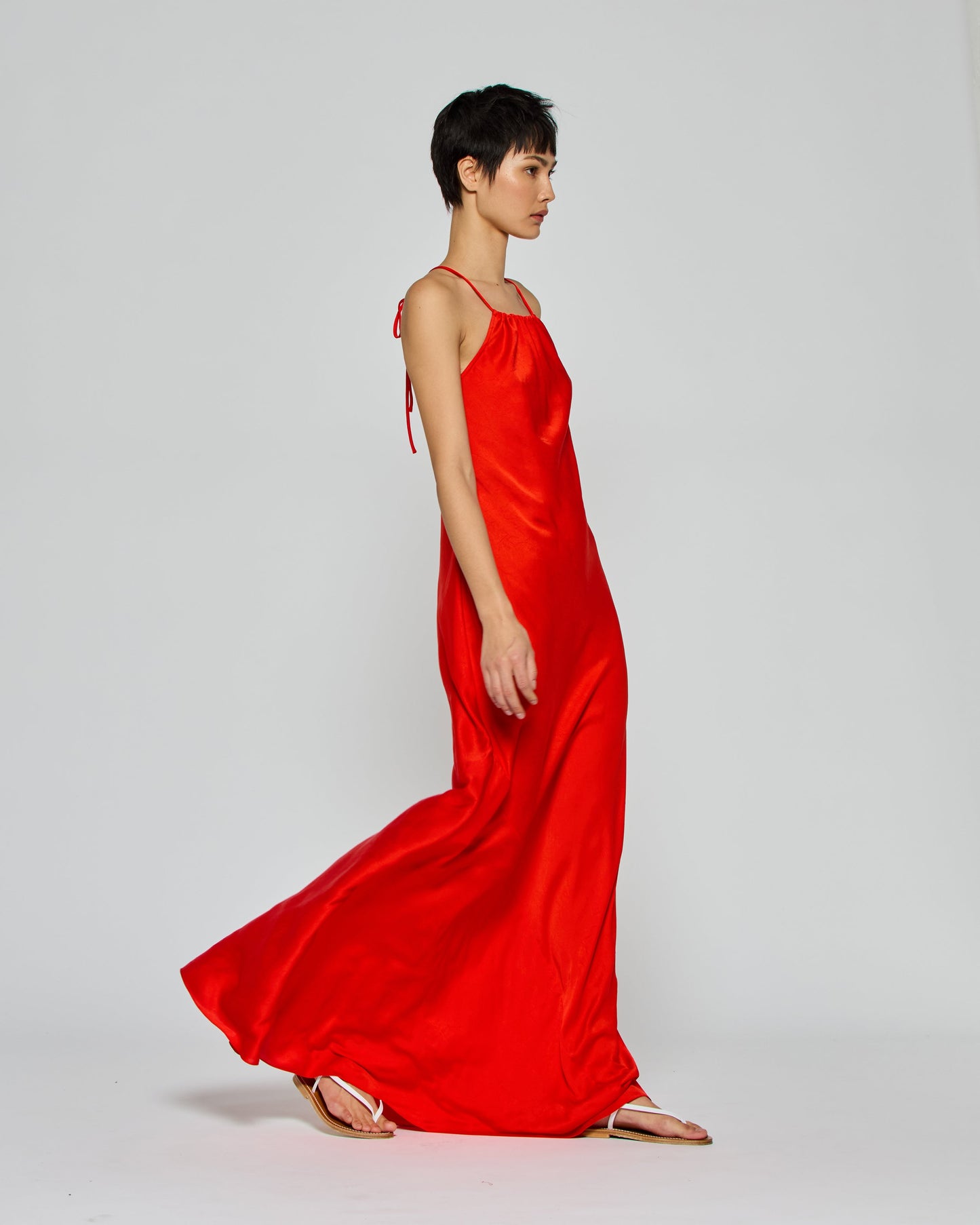 Gathered Neck Bias Dress - Bright Red
