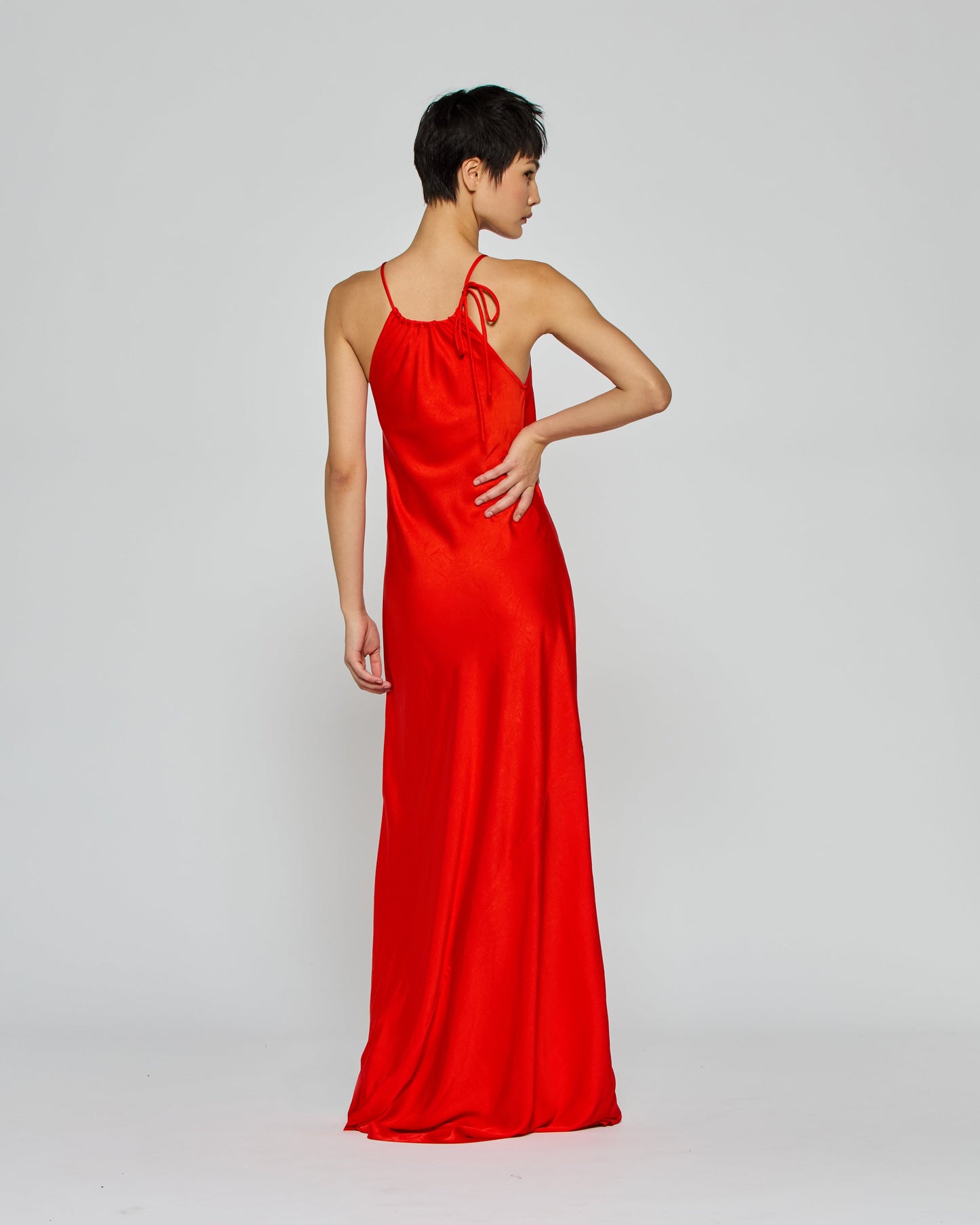 Gathered Neck Bias Dress - Bright Red