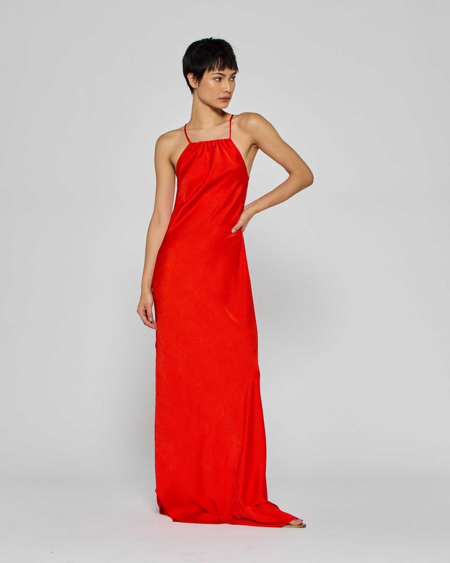 Gathered Neck Bias Dress - Bright Red